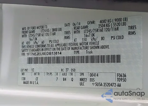 2014 Ford E-250 Commercial from USA, damaged, VIN 1FTNE2EL6EDB13814